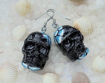 Black blue skull earrings Sugar skull earrings Day of the dead earrings Black skull earrings Sugar skull jewelry Dia de los muertos earrings