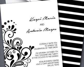 Black and White Striped Wedding Invitation- Elegant Swirls- Diva Impression