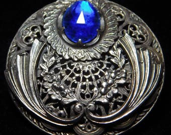 Large ANTIQUE Ornate Jeweled BUTTON Cobalt Blue GEM in Silvered Brass 1.70"