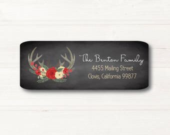 Red and Creme Flowers, Antlers, Return Address Label, Custom, MATTE, Flowers, Red, Green, Holiday, Wedding, Personal, Chalkboard Style