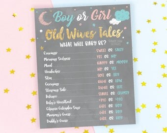 Old Wives Tales Poster, Gender Reveal Party Sign, Pink and Blue, Gold, Twinkle Twinkle Little Star, Gender Reveal Ideas, Wives Tales Sign