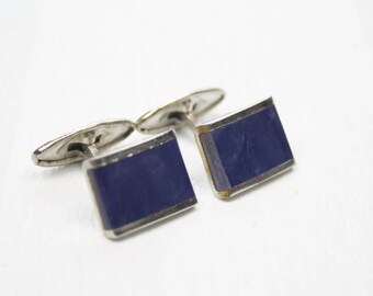 Cuff Links, Navy Blue Accessory, Marbled Cuff Links, Gifts for Him, Whale Back Cufflinks, Dad Gifts, Silver Tone, Wedding - 1980's / 1990's