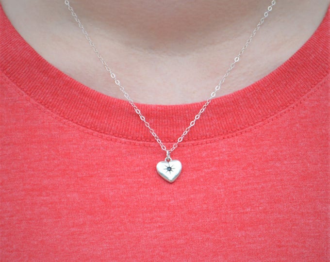 Diamond Mothers Necklace, Silver Heart Necklace, Diamond Necklace, Dainty Heart Necklace, Mothers Diamond Necklace, April Birthstone, April