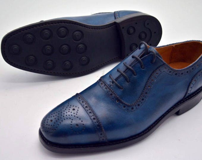 Handmade Goodyear welted Men's Oxford Shoes,Blue Leather
