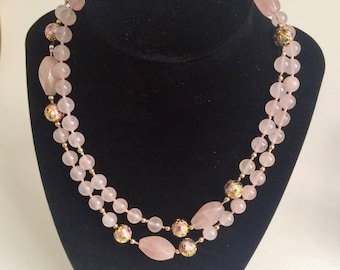 Garnet Rose Quartz and Cloisonne Necklace Gemstone Necklace