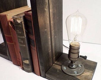 30% OFF SALE Bookend lamp-Steampunk lamp-Edison bulb lamp-Vintage table lamp-Bedside table lamp-Industrial wood lamp-Vintage Edison Lamp-Mod