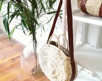 Moroccan oval basket with palm leaves, round basket, basket bag