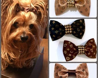 Buy 2+ 1 Free Designer LV Monogram Hair Bow, CC Bow Clip or Ponytail Rhinestone Pet Dog Bow, Girl Hair Clip, Brown, Pink, Cream, Blue, Black