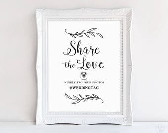 Wedding Hashtag Sign, Share the Love Sign, Printable Hashtag Sign, Instagram Sign, Wedding Photo Hashtag Sign, VW01