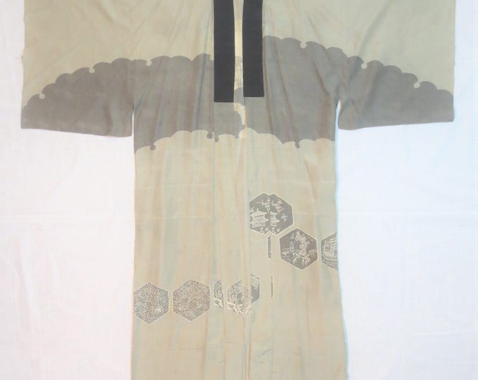 30s the STELLA mint green grey ivory printed washed silk robe vintage authentic hand made japanese kimono