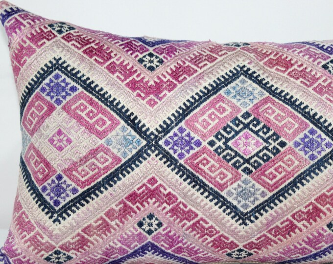 20% OFF SALE 12"x24" Pink Vintage Chinese Wedding Blanket Lumbar Pillow Cover/ Boho Ethnic Dowry Textile/ Handwoven Cotton Silk Cushion