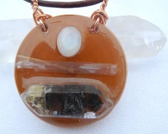 Crystal EcoResin Wood Necklace Black Phantom Double Terminated Tibetan Quartz Selenite Rainbow Moonstone
