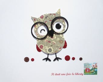 Applied fusible OWL liberty Japanese Lecien taupe and flex glitter glasses