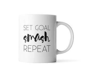 Set Goal Smash Repeat Mug | Graduation Gift for Her | Motivational Mug | Motivational Quote Mug | Home Office Decor | College Grad Gifts