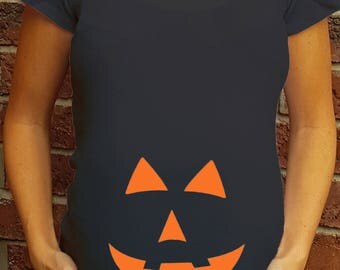 Pumpkin Face Halloween Black Maternity Shirt Personalized cute little ghosts trick or treat announcement tshirt Ruched or regular triangle