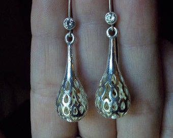 Solid sterling silver carved lattice work and CZ dangle leverback earrings