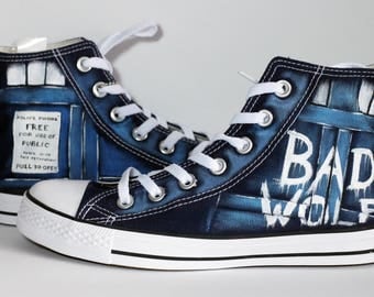 GIFT!~ Pack of stickers !The Bad Wolf "Doctor Who" converse shoes Blue UNISEX SIZES! check the table