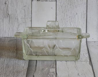 Vintage Art Deco Pressed Glass Butter Dish and Cover