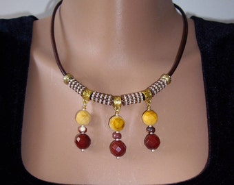 Jasper necklace Statement necklace Gift for wife Bib necklace Leather choker Mookaite necklace Mom gift Womens gifts Red necklace Gifts her