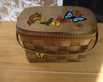 SIGNED Caro Nan Vintage Picnic Basket Handbag, Butterfly Design