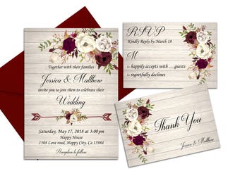 Marsala Wedding Invitation Ivory Rustic Printable Boho Burgundy Floral Country Best Marsala Wedding Invitation Ivory Rustic Printable Boho Burgundy Floral Country Best