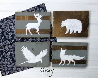 Woodland Nursery Wood Set, Tribal Decor, Rustic Nursery Sign, Hunting Nursery Decor, Pheasant Bear Deer and Fox Wolf, Kids Room Decor