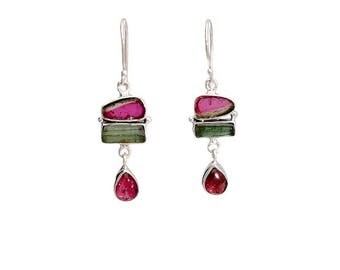 On Sale Tourmaline earrings, sterling silver, tourmaline jewelry, pink tourmaline, raw tourmaline, gemstone earrings, watermelon tourmaline,