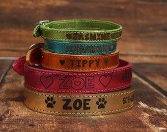 Custom Leather Dog Collar - Personalized Leather Dog Collar - Color Leather Dog Collar - Metallic Leather Dog Collar - Engraved Dog Collar
