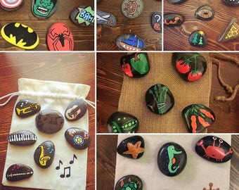 Story Stones and Painted Rocks! *Hand Painted Stones in a Drawstring Bag* Garden Markers, Magnets, Paperweights