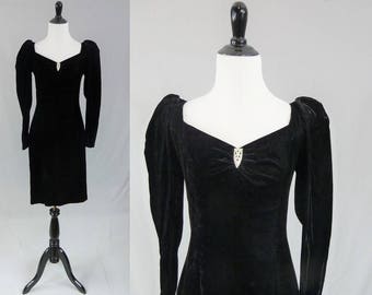 80s Gunne Sax Dress - Black Rayon Velvet - Puff Sleeves - Rhinestone Clip - Vintage 1980s - S