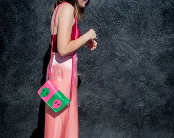 Alien Patch Purse Pink and Green Faux Leather Vinyl Handbag Handmade Funky Patchwork Crossbody Bag