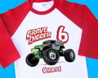Grave Digger Monster Truck Birthday Shirt. Personalized Raglan with Name & Age. 1st 2nd 3rd 4th 5th 6th 7th 8th 9th Birthday T Shirt (35238)