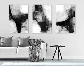 Large Abstract Painting, Set of 3 Prints, Black & White Wall Art, Oversized Wall Art, Minimalist Art, Multi Panel Art, Large Canvas Art