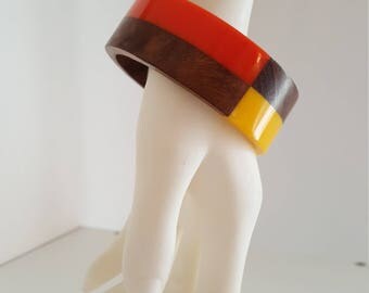 Mod 1960s Laminated Wood and Lucite Bangle - Orange and Yellow - Vintage Pop