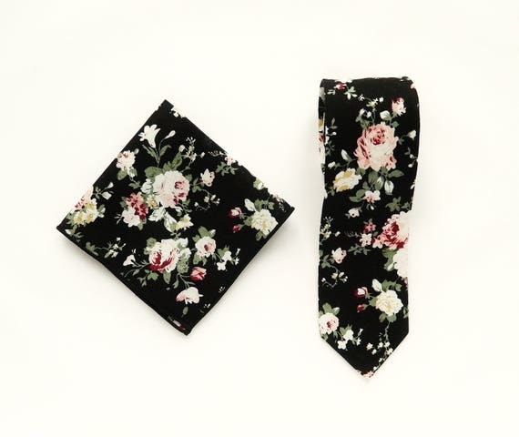 Black floral tie mens floral pocket square wedding tie gift