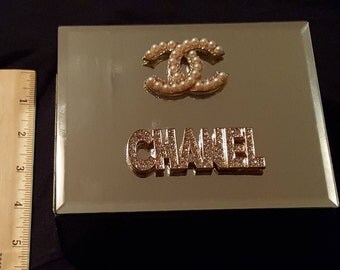 Chanel inspired mirror small jewelry box. Cc gold rhinestone and pearl coco Chanel inspired jewelry box.