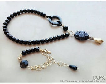 Statement jewelry set, lariat necklace, bead jewelry, gemstone jewelry, onyx necklace, black onyx jewelry, gift for wife, gift for mom