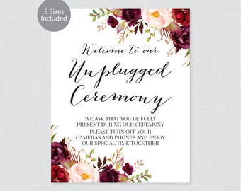 Printable Unplugged Ceremony Sign - Marsala Unplugged Wedding Sign or Poster, Please Turn Off Your Phones and Cameras, Pink Wine Flower 0006