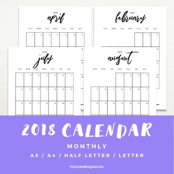 2018 Calligraphy Monthly Calendar Printable Vertical A5 A4