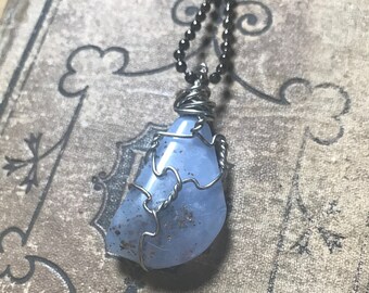 Reiki-Infused Wire-Wrapped Blue Chalcedony Stone