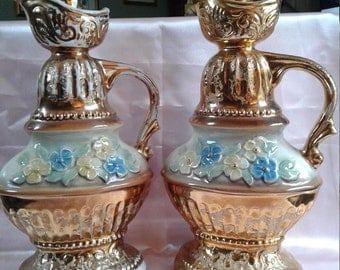 Two Jim Beam Decanter Genuine Regal China 1976 C. Miller Gold with Flowers
