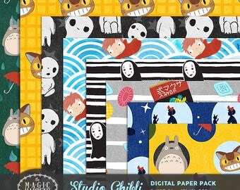 Totoro Digital Paper, Studio Ghibli Pattern, Totoro Birthday Party, Ponyo, Kiki, Mononoke, Anime, Printable Wrapping Gift Paper, Scrapbook