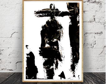 Art mural abstrait contemporain moderne, impression, téléchargement , noir et blanc, peinture à l’encre Minimal, décoration d’intérieur