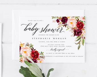Burgundy Floral Baby Shower Invitation Template DIY Baby Shower Template Burgundy Baby shower Invitation Modern Baby Shower Template Fall