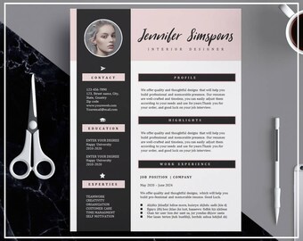 Black And Pink Professional Creative Modern Resume Template, CV Template With Cover Letter, Social Media Icons For Word And Pages SKU044