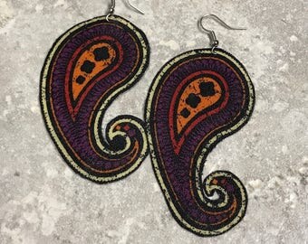 Handmade textile drop earrings in paisley pattern