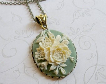 Cameo necklace, vintage style, sage green, long chain - flower pendant