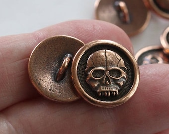 Copper Skull Buttons, TierraCast plated pewter bracelet hooks, 16mm wide, 2mm shank, jewelry or sewing buttons