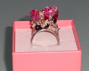 Swarovski Crystal Sterling Silver Cluster Fuck Ring Pink Red