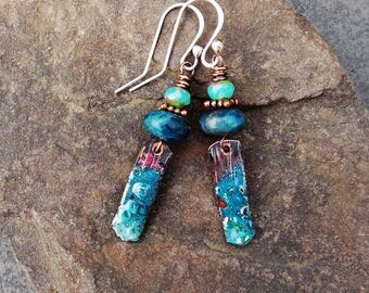 Boho Earrings, Bohemian, Blue Enamel, Rustic, Organic, Apatite, Czech Glass, Dangle, Copper, Sterling Silver, Blue Earrings
